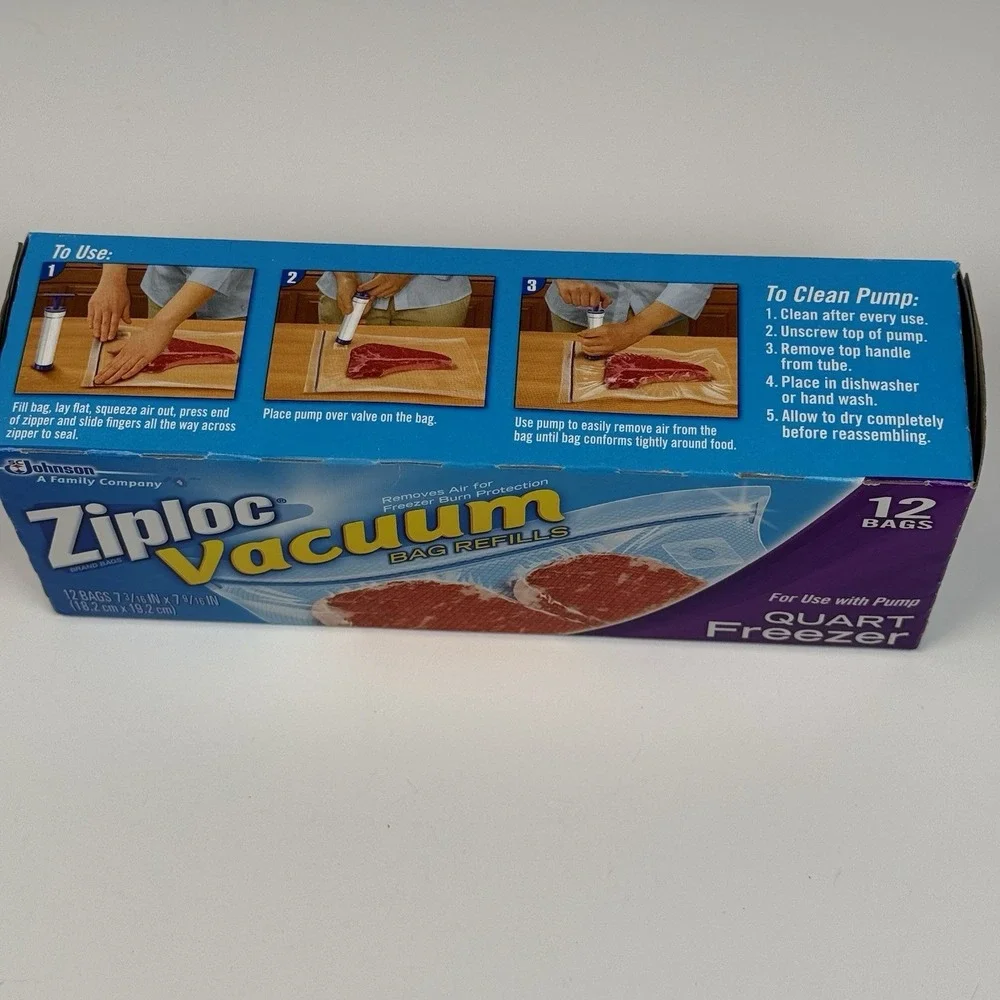 Ziploc Vacuum Quart 12 Count‎ Freezer Bag And Pump Food Storage Refills Clear